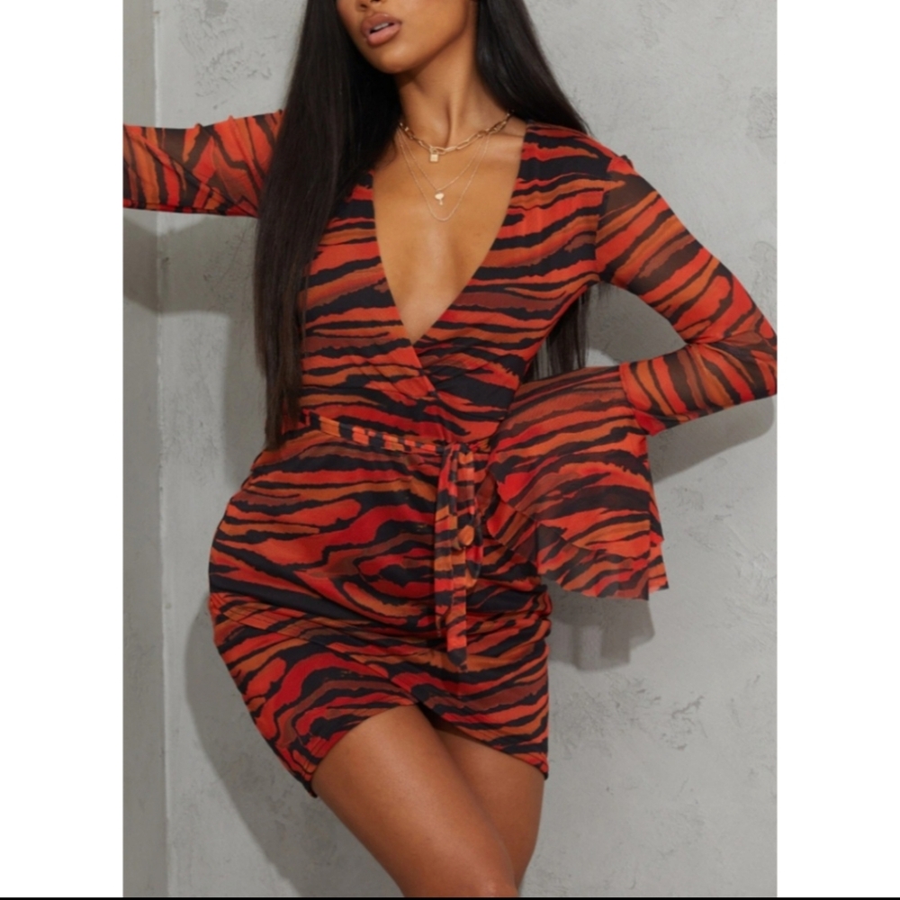 Orange Zebra Print Flare Sleeve Mini Dress